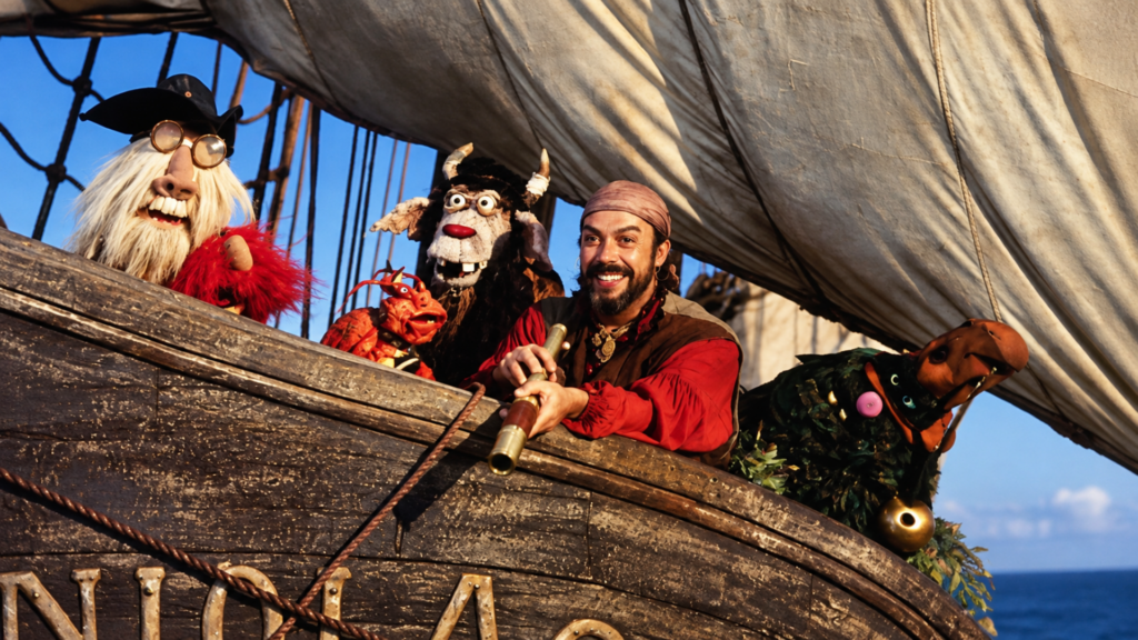 Tim Curry as Long John Silver smiling on a pirate ship alongside Muppet characters in Muppet Treasure Island.