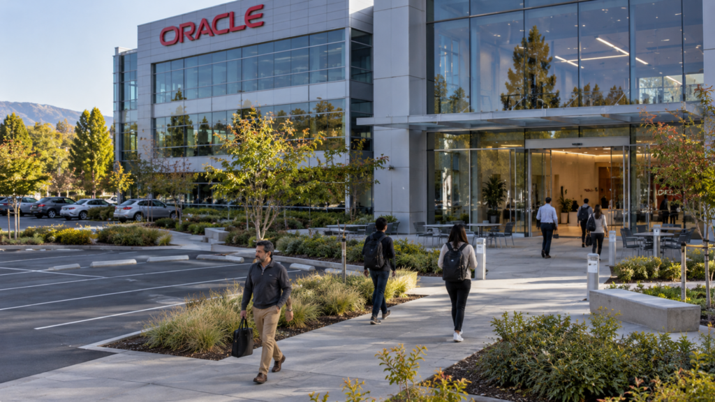 People walking in front of a modern glass office building with an "ORACLE" sign at the top.