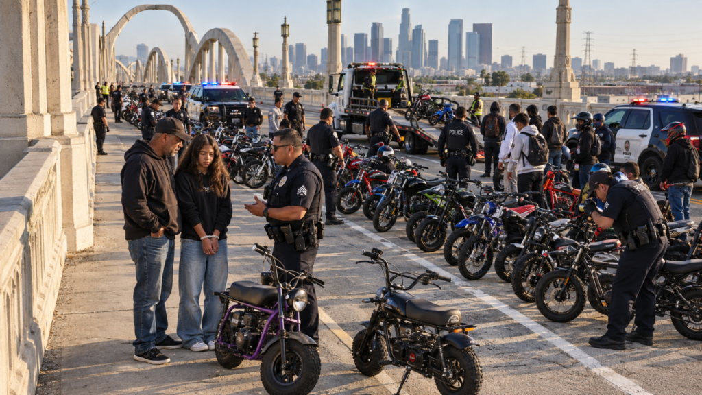 Police officers talk to a group of people next to several mini bikes lined up on a bridge, with police vehicles parked in the background.