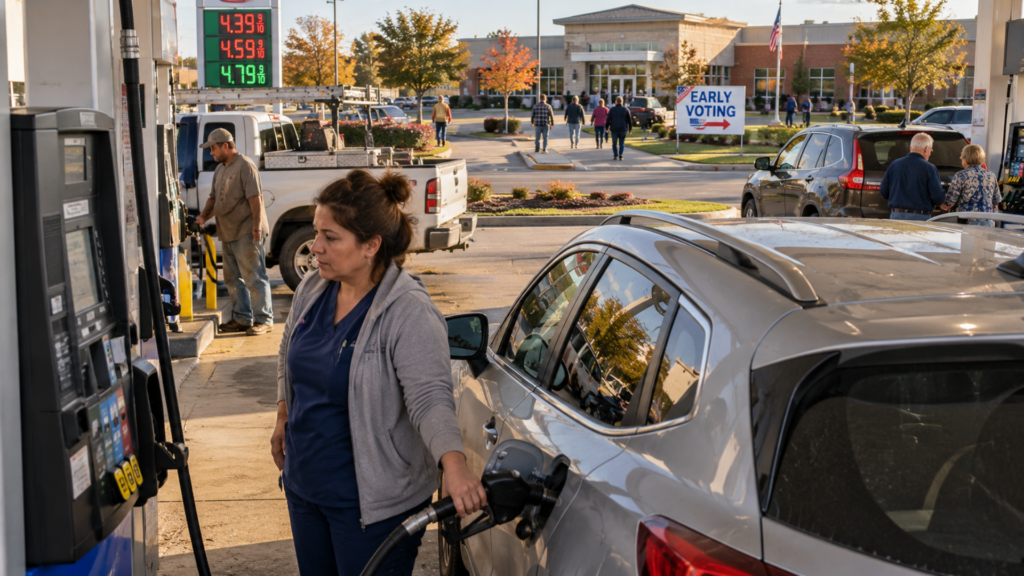 A woman fueling a silver SUV at a gas station, with an "EARLY VOTING" sign and a building visible across the street.