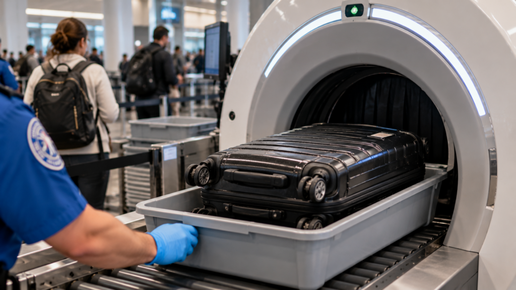 Close-up of a black carry-on suitcase inside a bin being pushed into a circular CT scanner.