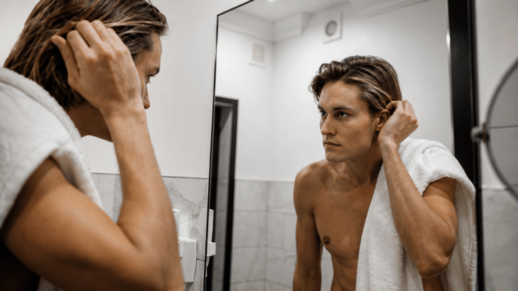 Man with a towel over his shoulder styling his hair in a bathroom mirror.