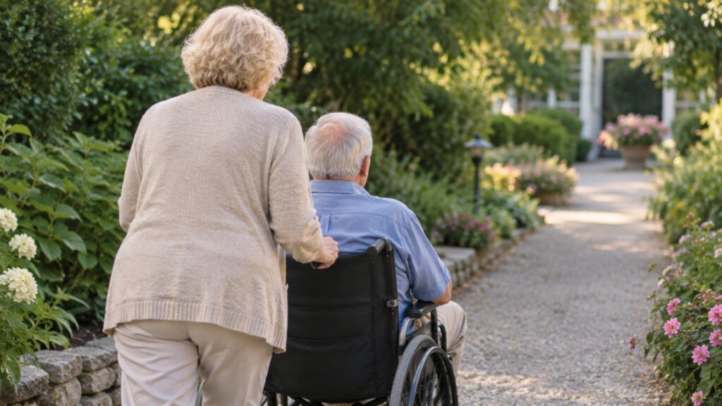 Older woman pushes an older man in a wheelchair along a sunny garden path surrounded by green foliage and blooming flowers.
