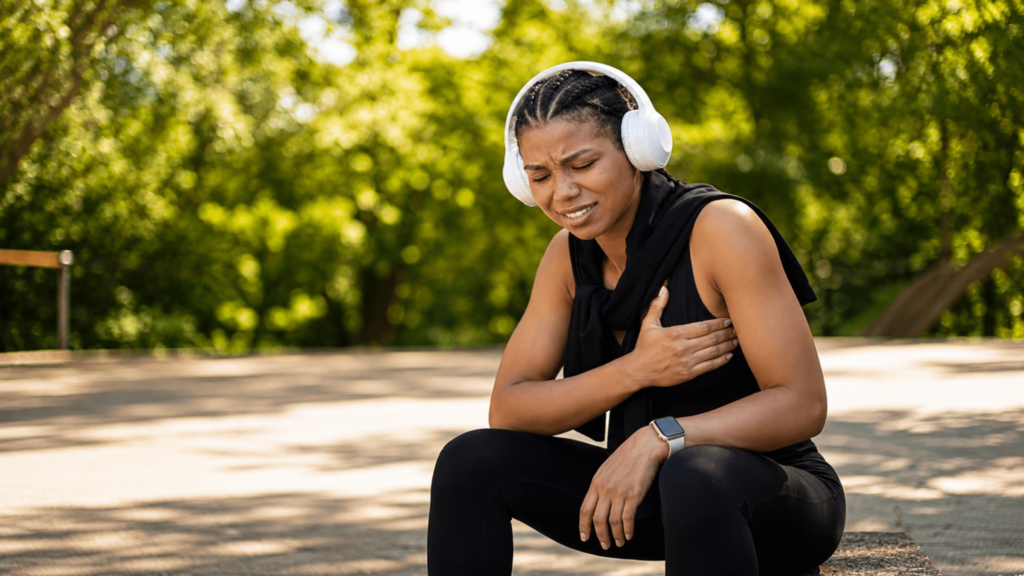 Woman wearing headphones sitting outdoors and clutching her chest in pain after a workout.