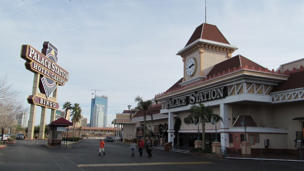 Palace Station Hotel and Casino exterior with its roadside sign.