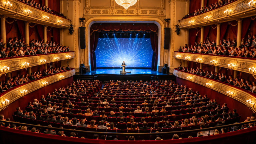 High-angle view of a crowded, ornate theater auditorium during a live stage performance.