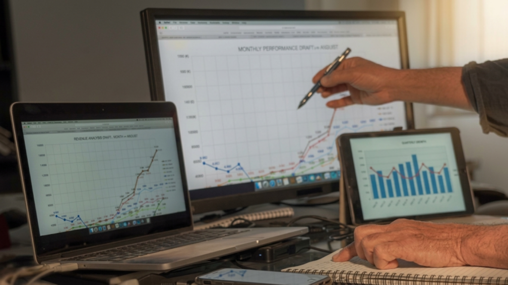 A researcher studies data charts on screen, engaged in a detailed analytical task.