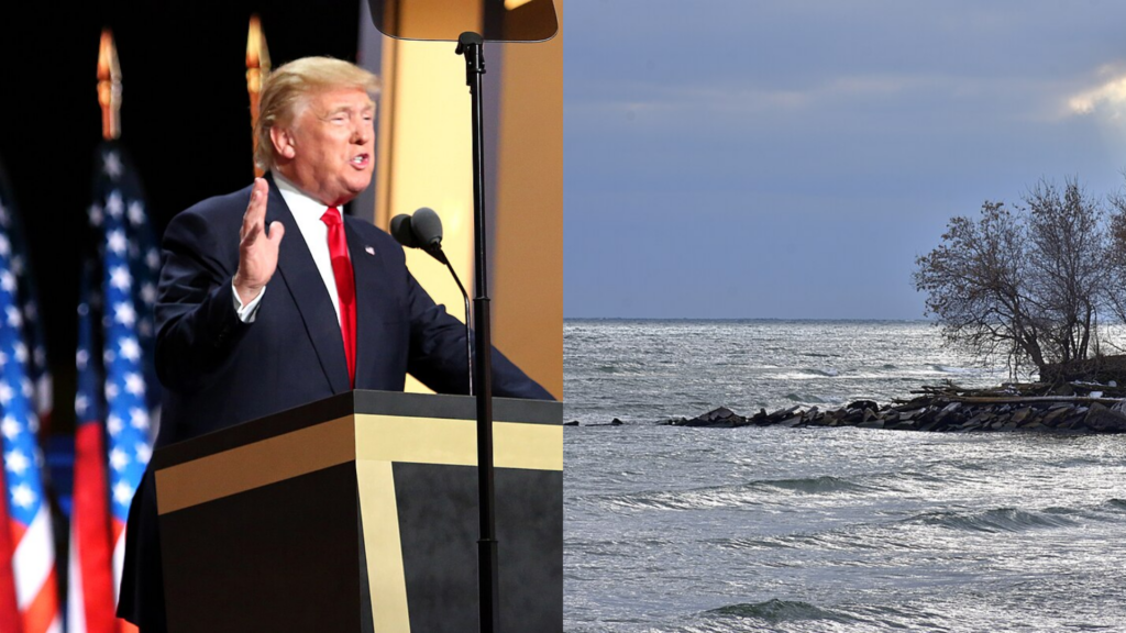 Split-screen image showing U.S. President Donald Trump speaking at a podium on the left and the Lake Ontario on the right.