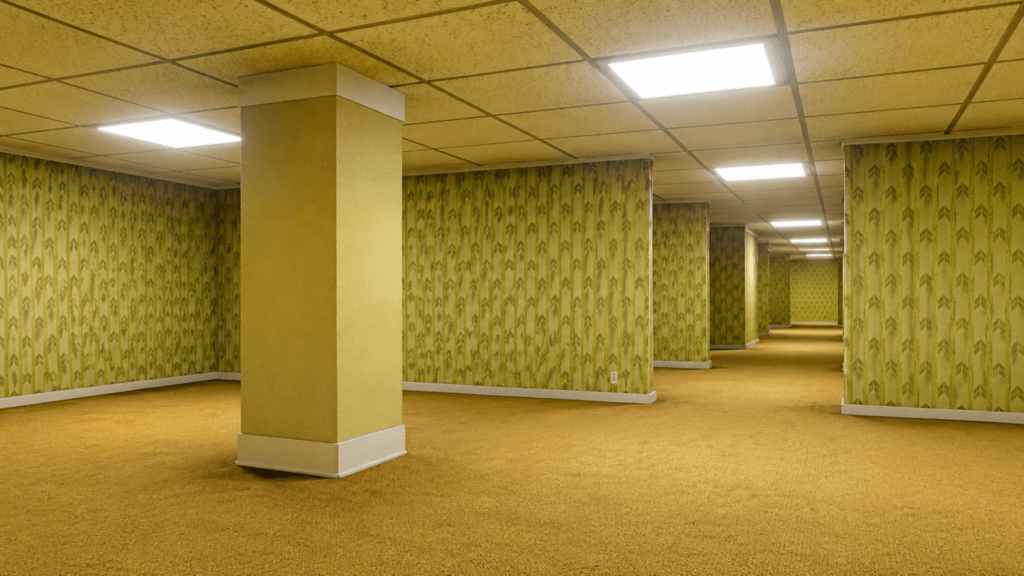 Endless empty room with yellow wallpaper, beige carpet, and fluorescent ceiling lights, depicting "The Backrooms".