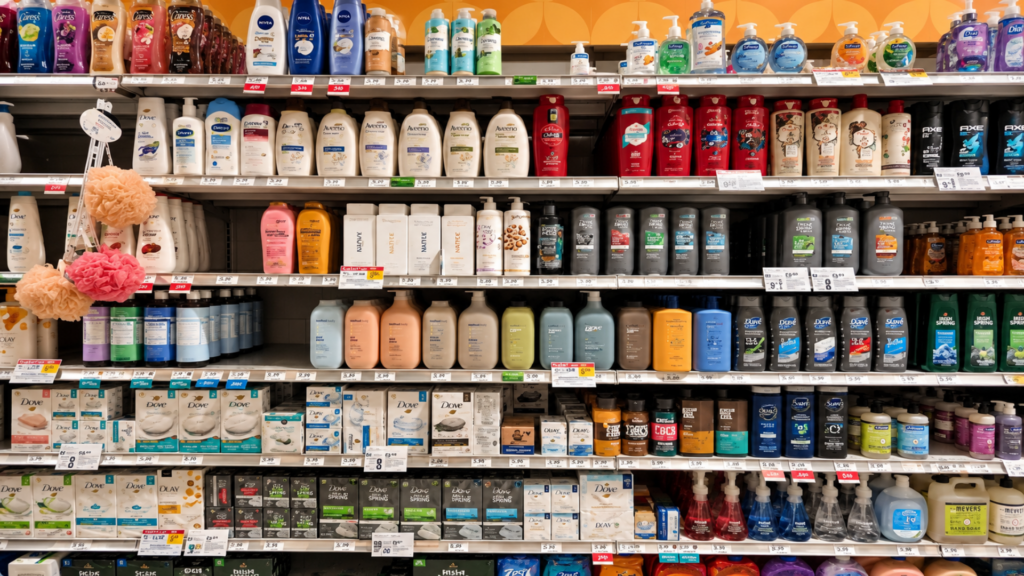 Fully stocked supermarket shelves organized with body wash, soap, and personal care products.