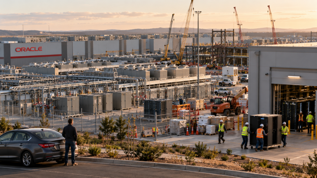 An expansive construction site and industrial facility with an "ORACLE" building, heavy machinery, cranes, and workers moving equipment.