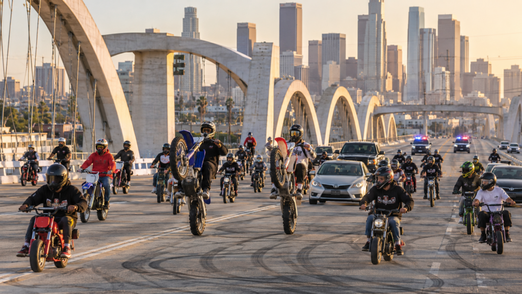 A large group of motorcyclists, some performing wheelies, ride across a bridge with the Los Angeles skyline in the background.