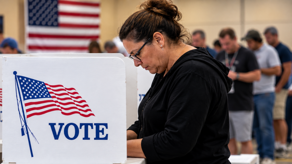 A woman casting her ballot at a voting booth labeled "VOTE" with an American flag graphic, while other voters queue in the background.