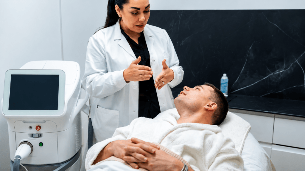 Dermatologist consulting a male patient lying down before a skin treatment.