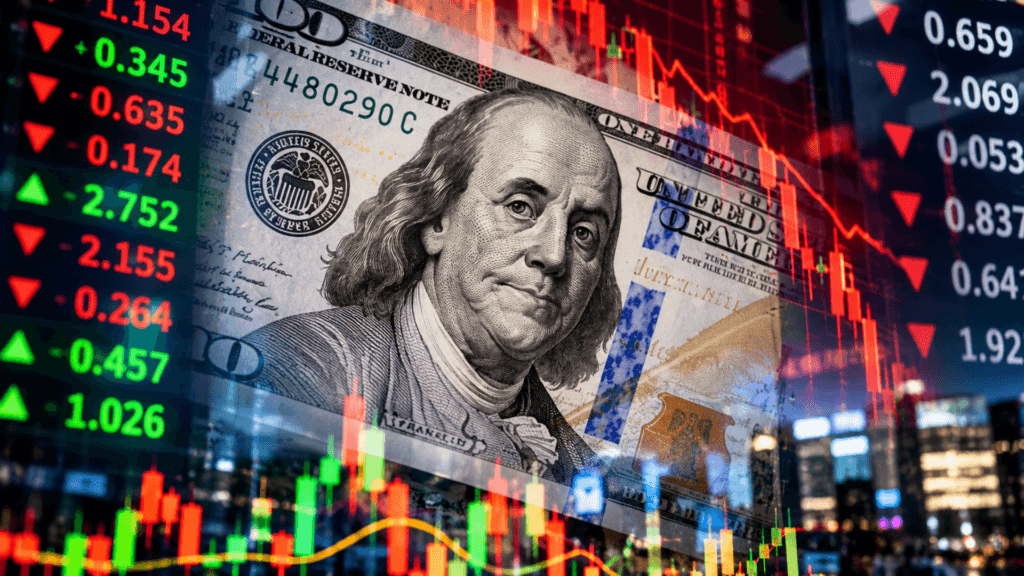 A US hundred-dollar bill layered over stock market ticker numbers, candlestick charts, and a city skyline.