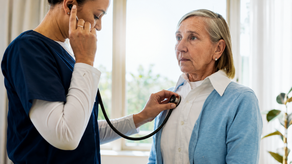 Female healthcare worker listening to a senior patient's chest using a stethoscope.