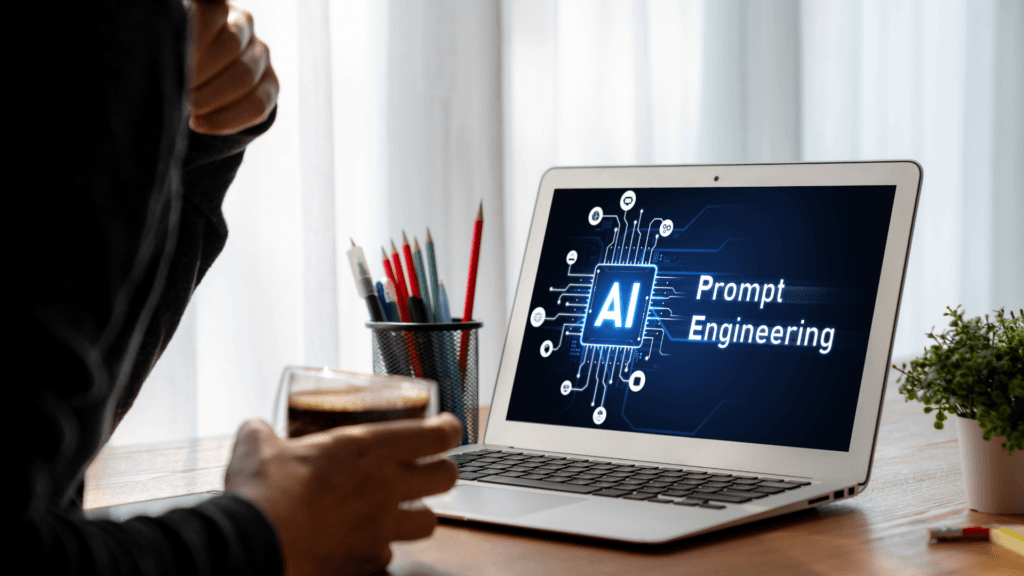 Person holding a cup of coffee looking at a laptop screen that displays "AI Prompt Engineering".