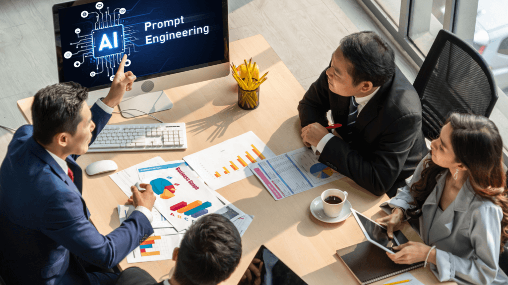 Coworkers in a business meeting looking at a monitor displaying "AI Prompt Engineering".