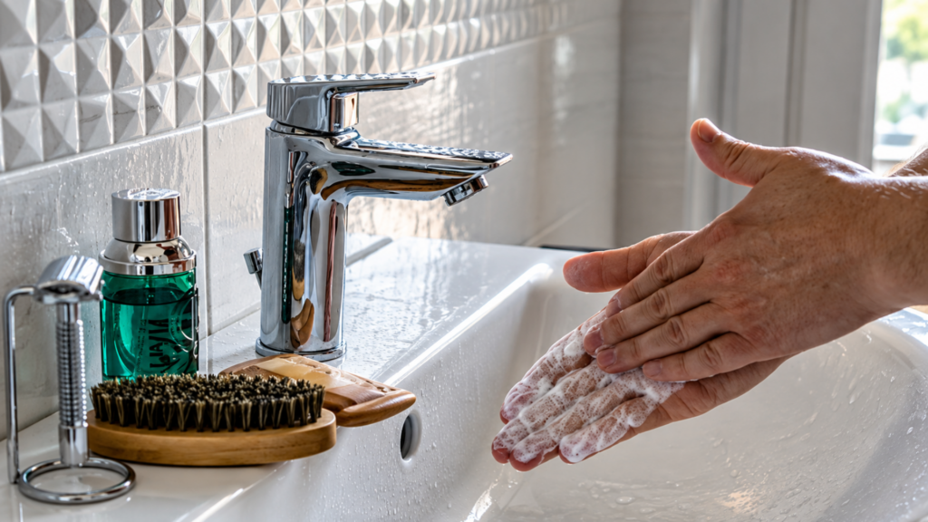 Person lathering soapy hands over a bathroom sink next to grooming accessories.