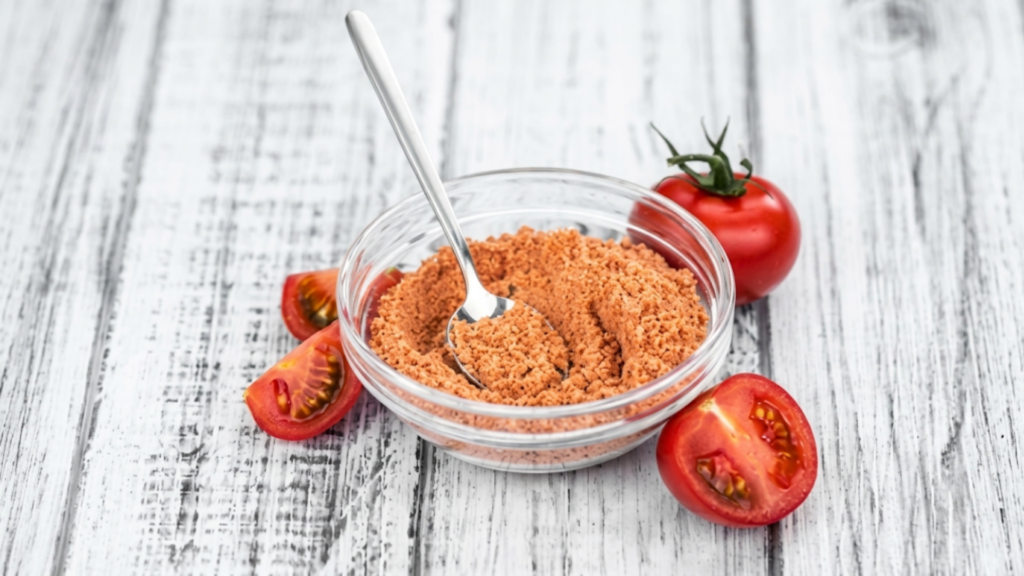 A bowl filled with tomato powder sits on a wooden table, accompanied by an array of fresh tomatoes.