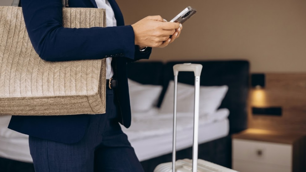 An anxious traveler faces a flood of alerts on her cellphone while holding a large tote bag, with a suitcase beside them in a hotel room.