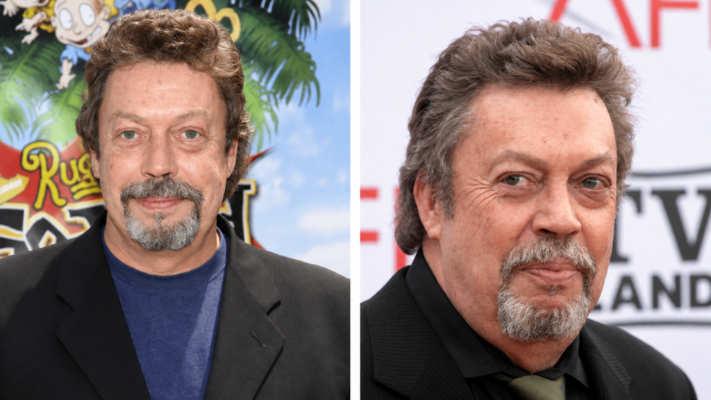 Side-by-side portraits of actor Tim Curry with a goatee wearing black suits.