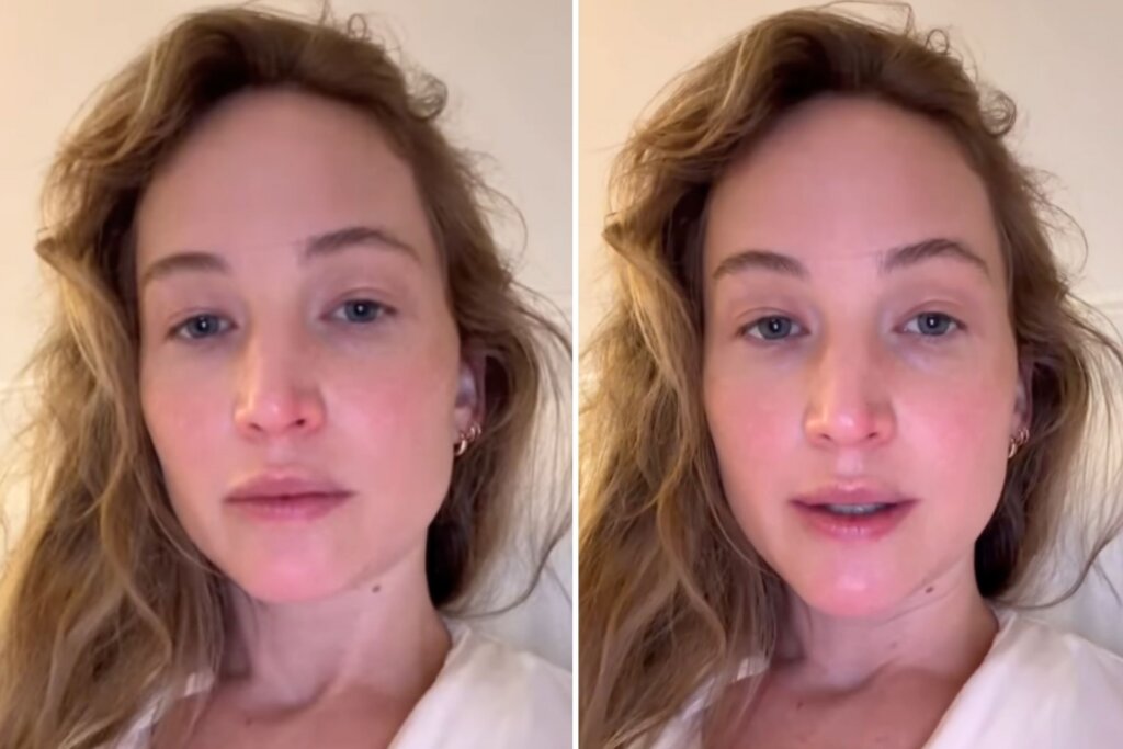 Split image of Jennifer speaking to the camera in her debut Instagram video.