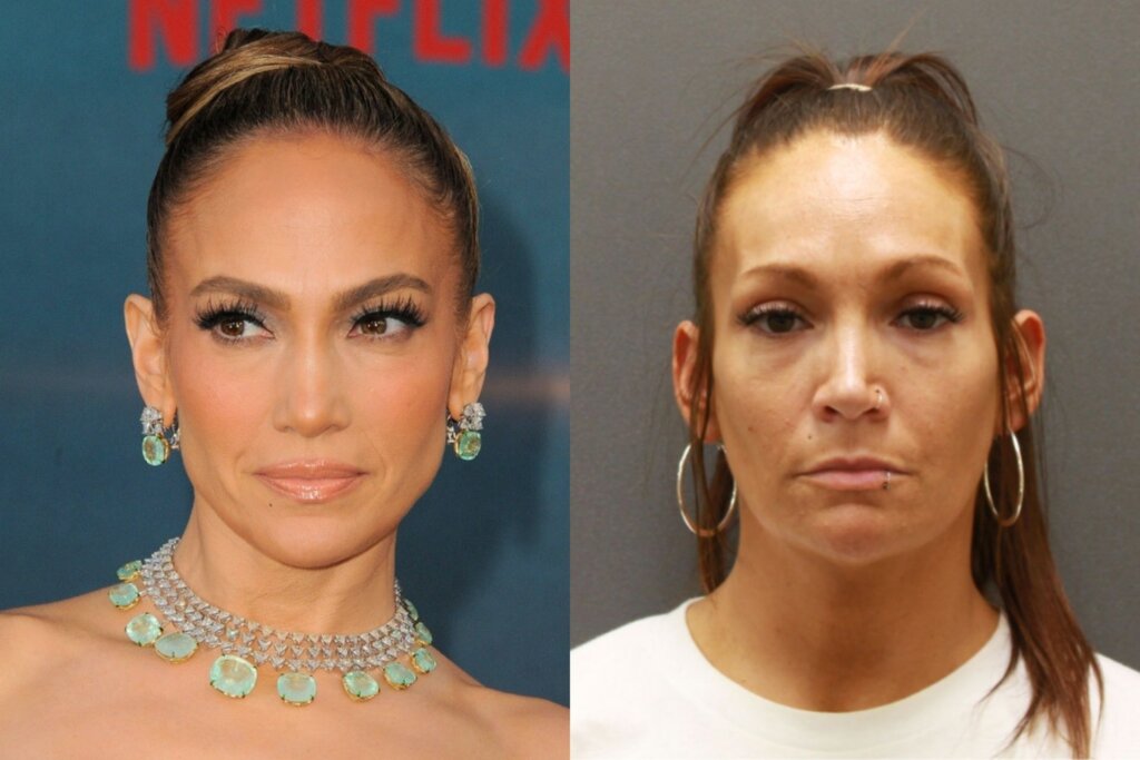 Jennifer Lopez pictured alongside Cyrena Anne Quast’s mugshot.