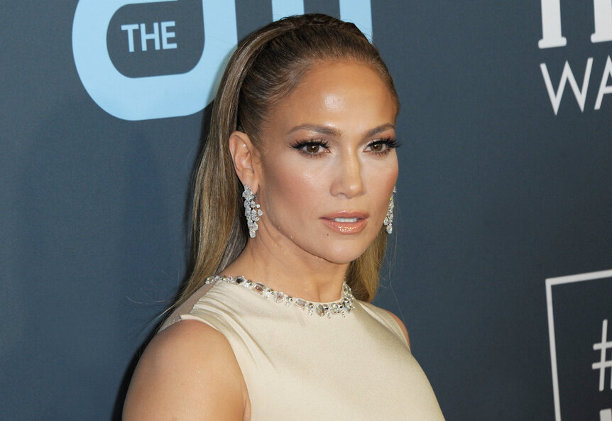 Jennifer Lopez poses at a red-carpet event.