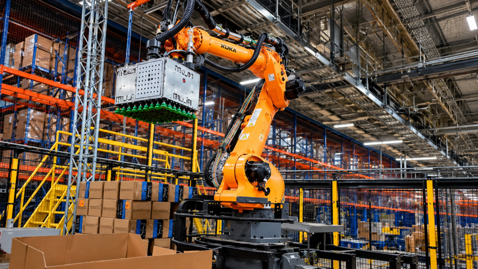 Walmart Spent Billions on High End Robots, But They’re Struggling With One Surprisingly Basic Task An orange KUKA industrial robotic arm with a suction gripper operating inside a high-tech warehouse.