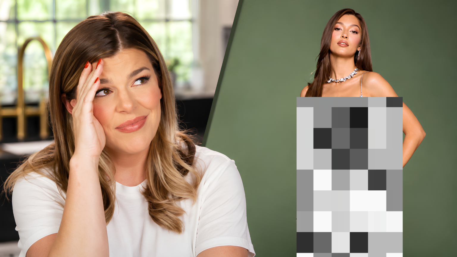 A side-by-side split view of Allie Beth Stuckey touching her temple in reaction on the left image of a woman.