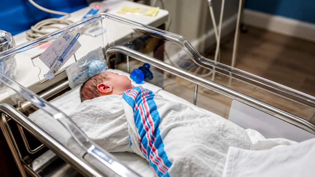 A swaddled newborn baby sleeping peacefully inside a clear plastic hospital bassinet.