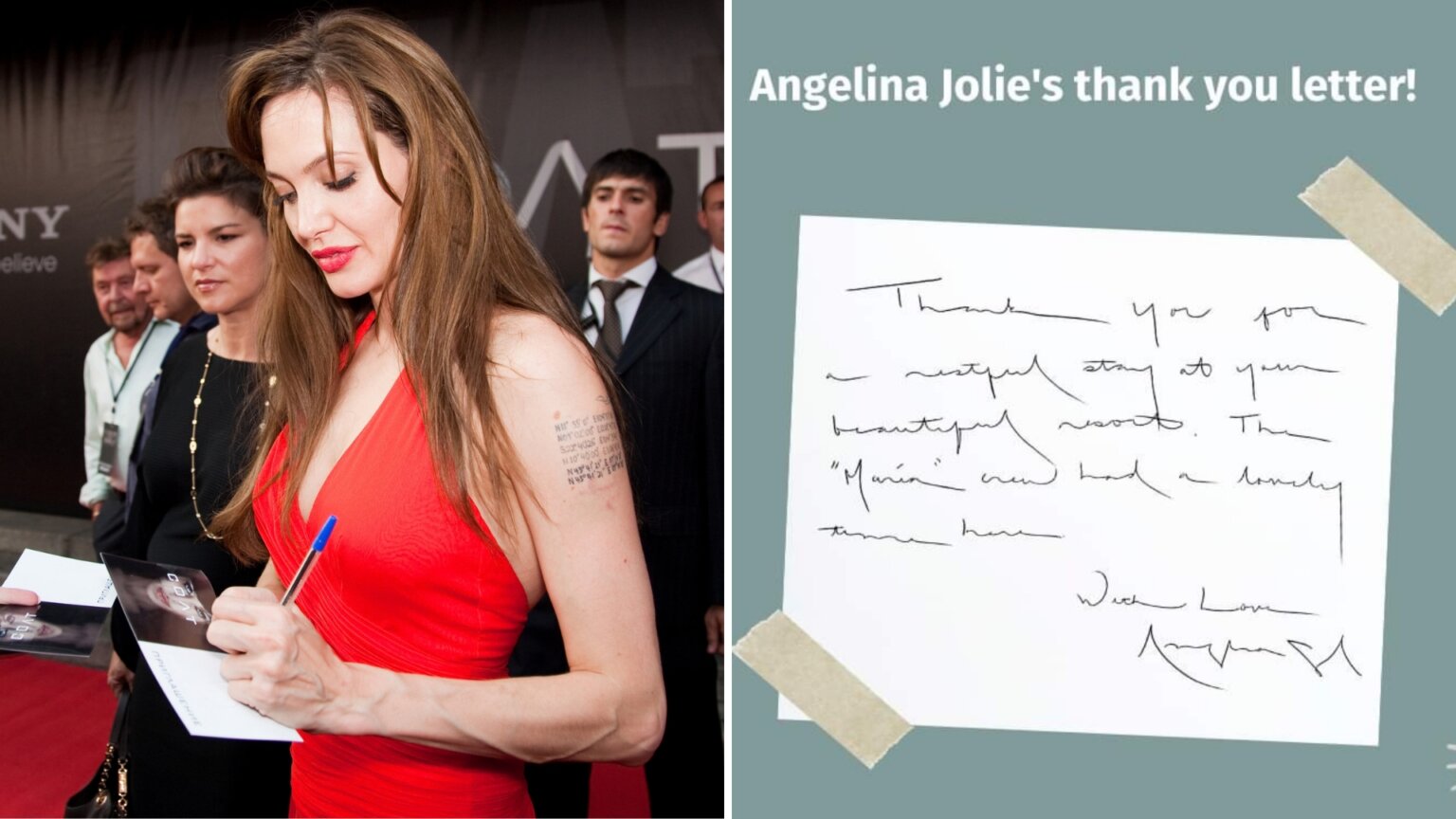 Split image showing Angelina Jolie signing an autograph in a red dress on the left and her handwritten thank-you letter on the right.