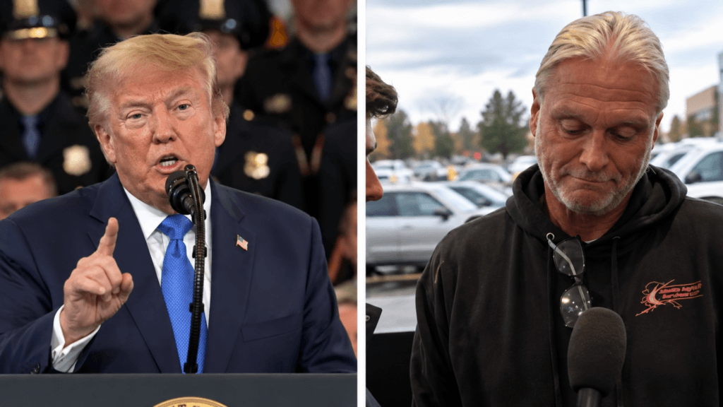 A side-by-side split view showing Donald Trump speaking at a microphone on the left, and a man looking down solemnly on the right.