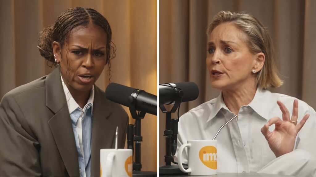 Split-screen image of Michelle Obama and Sharon Stone speaking into microphones during an episode of the IMO podcast.