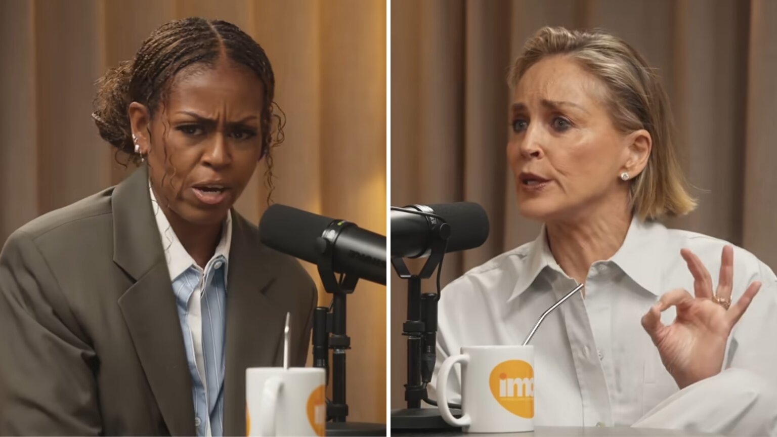 Split-screen image of Michelle Obama and Sharon Stone speaking into microphones during an episode of the IMO podcast.