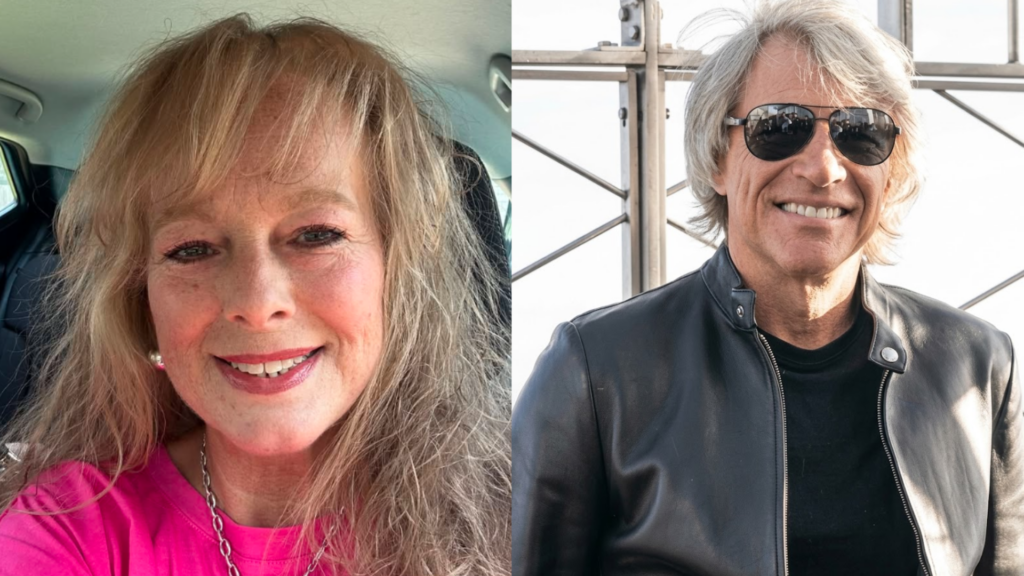 A split image of Leslie Pickett smiling and a picture of Jon Bon Jovi.