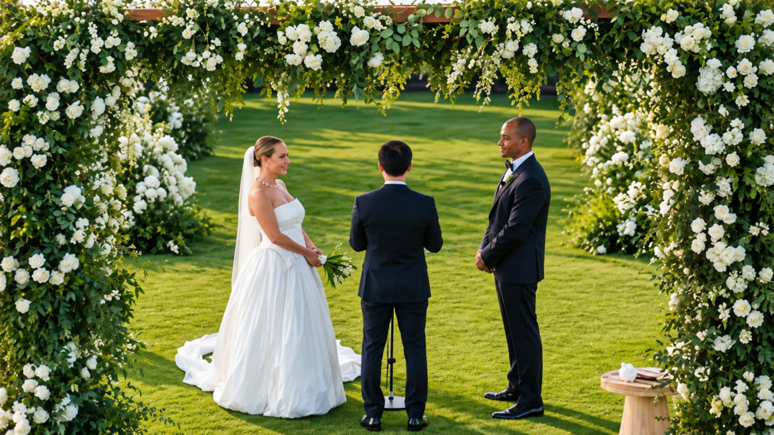 Bride and groom standing under a lush white flower arch during an outdoor wedding ceremony.