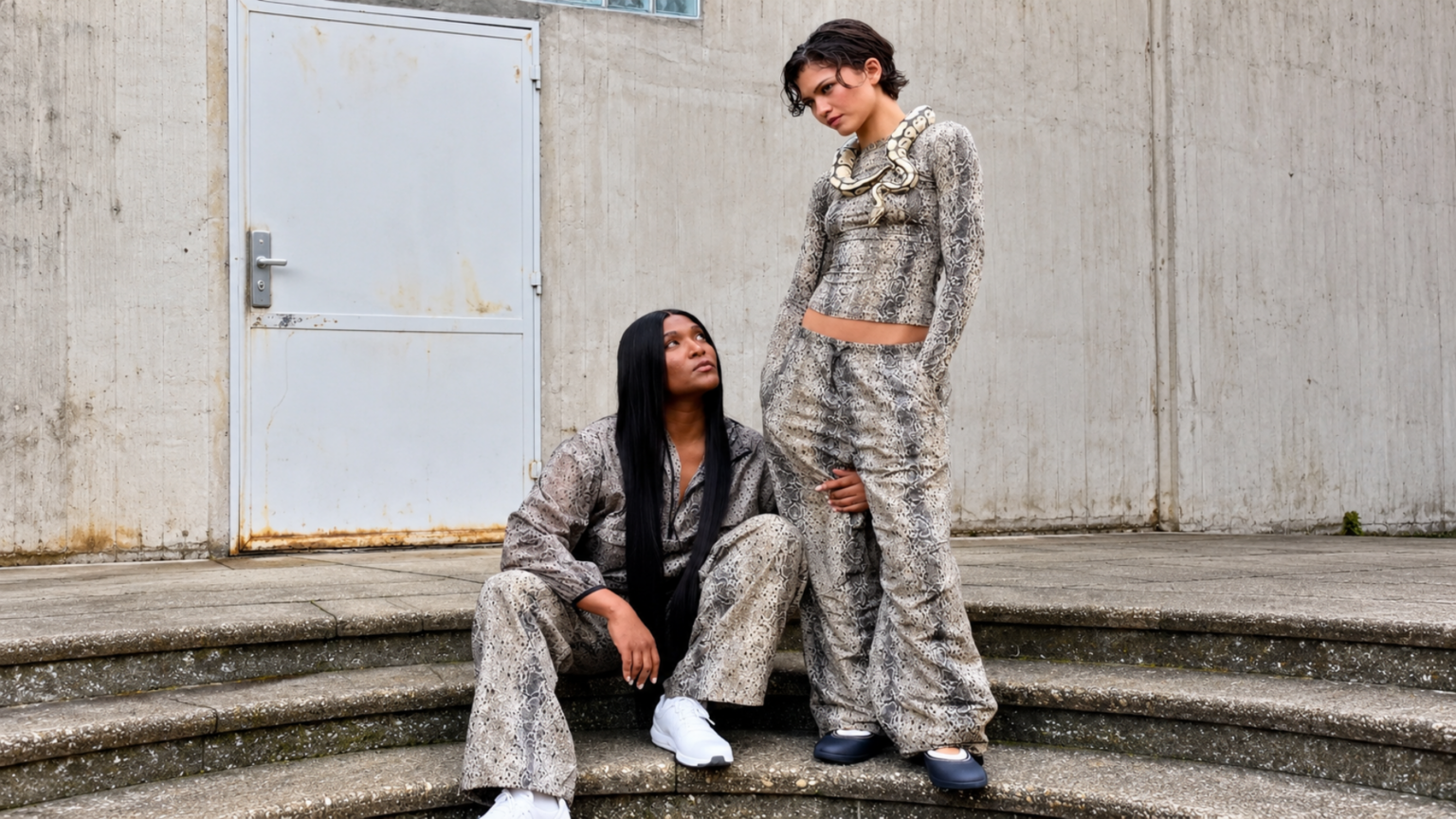 Two models wearing snakeskin-pattern outfits posing on outdoor stairs with a small python draped over one's shoulders.