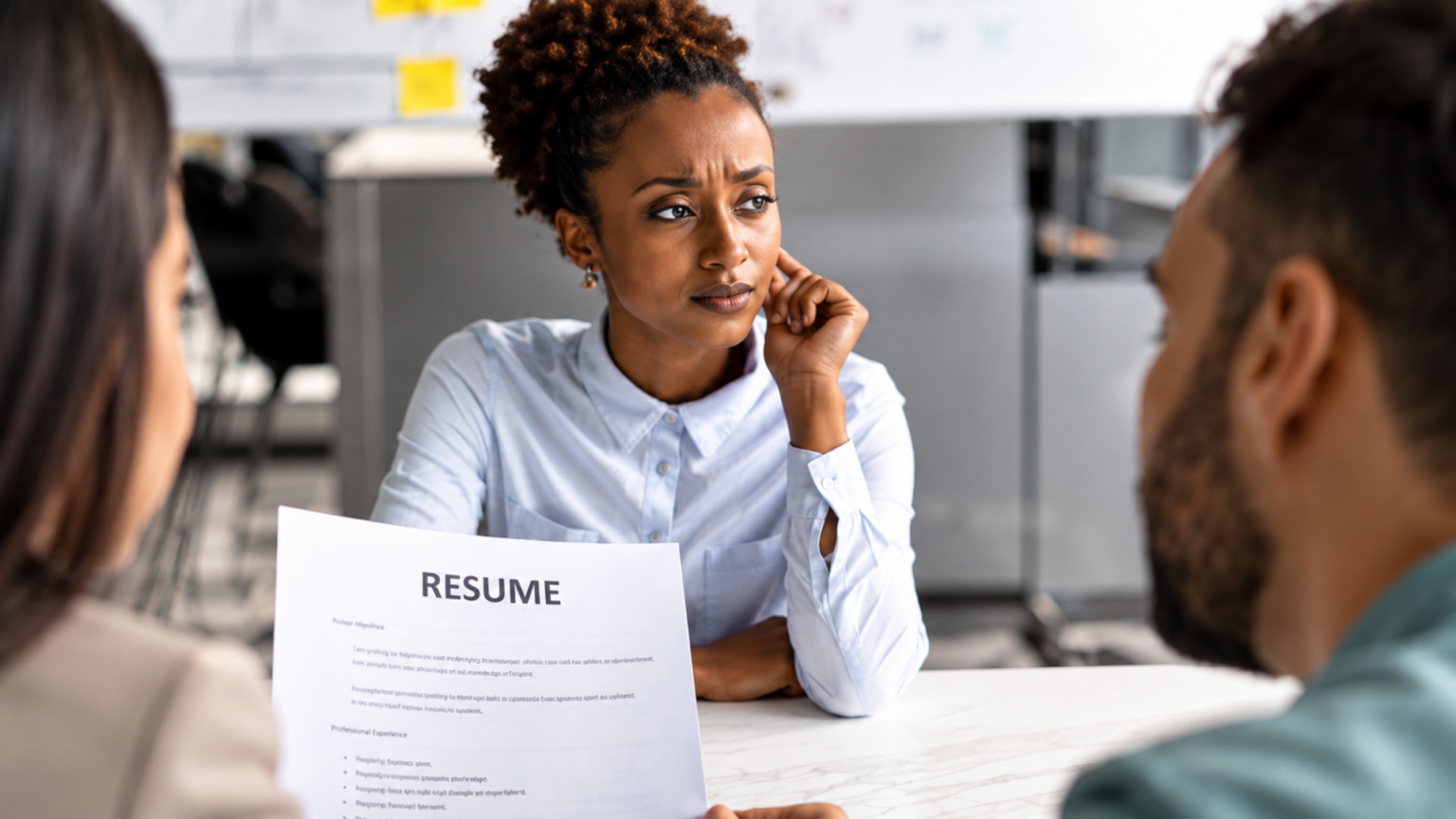 Woman With a Master’s Degree Struggles to Find Work: ‘I Don’t Need a Career. I Need a Paycheck’ Woman resting her hand on her head while listening attentively during a job interview session.