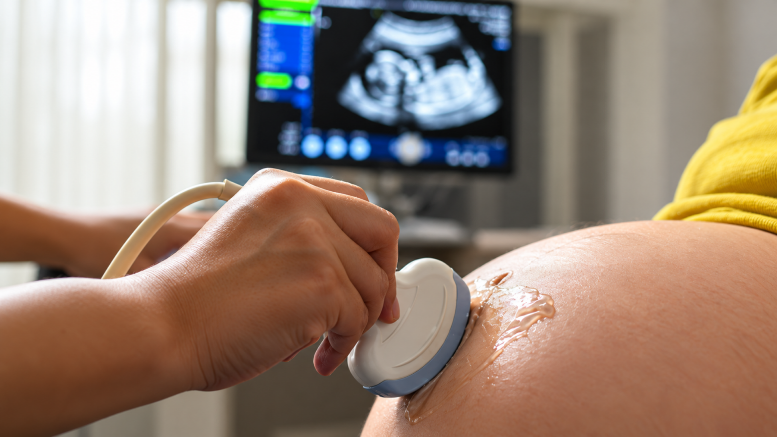 Close-up of an ultrasound transducer gliding over a pregnant belly with gel, displaying an embryo image on the monitor in the background.