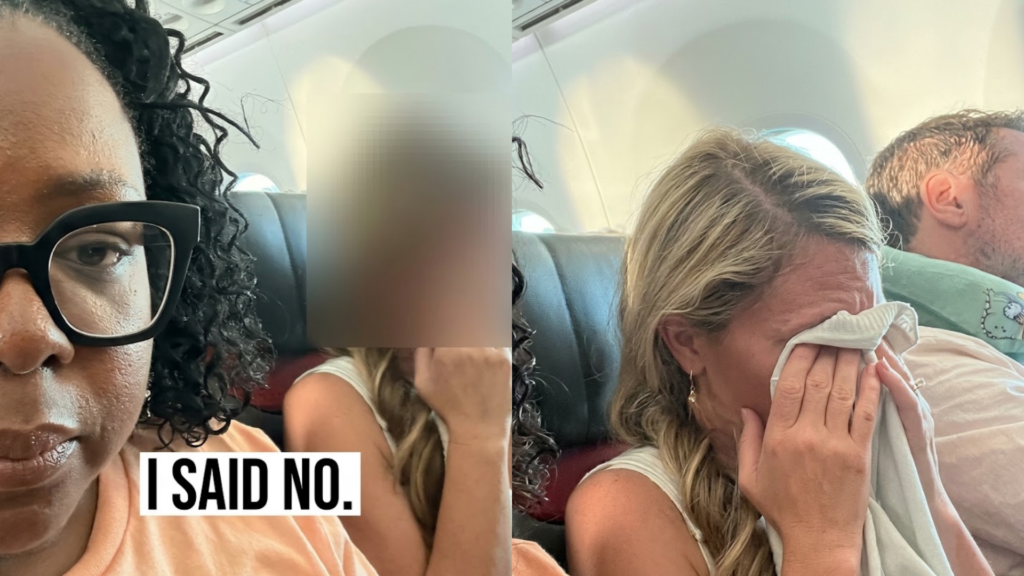 A picture of Harvey and her crying seatmate after she didn’t give up her aisle seat.