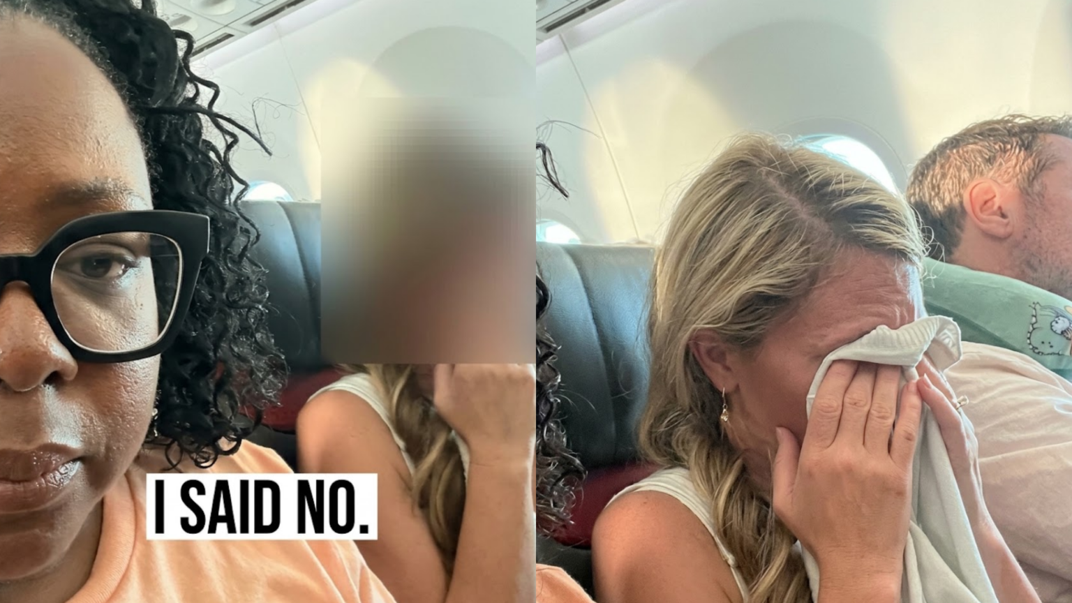 A picture of Harvey and her crying seatmate after she didn’t give up her aisle seat.