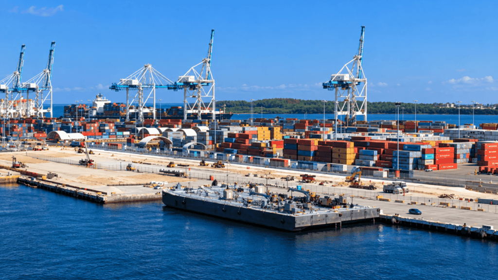 An aerial view of a busy commercial shipping port filled with stacked cargo containers and large industrial cranes.