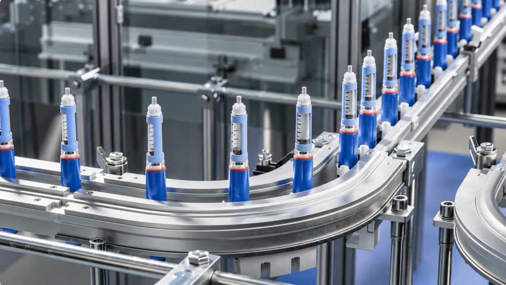 Blue and white insulin pen injectors moving along an automated factory assembly line conveyor.