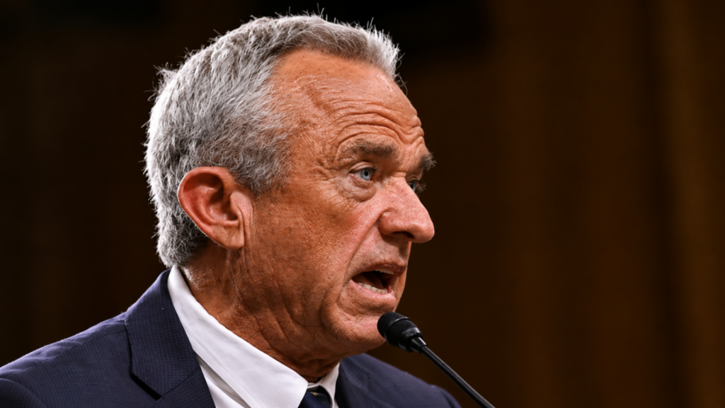A close-up profile view of Robert F. Kennedy Jr. speaking into a microphone.