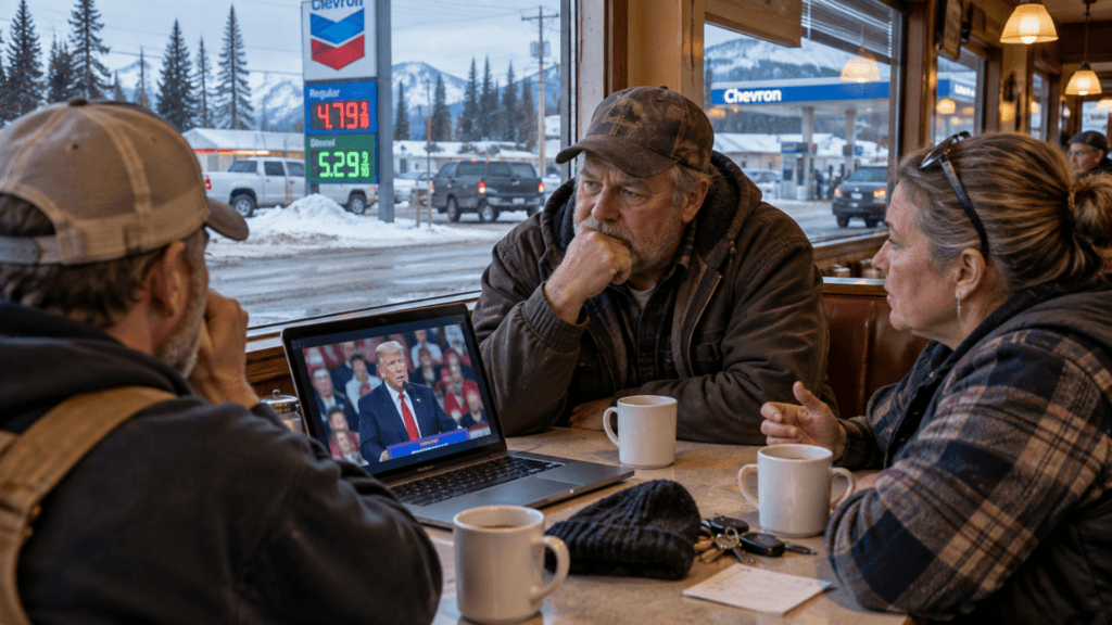A group of people sitting at a diner table with coffee mugs, watching a laptop displaying a speech by Donald Trump, with a Chevron gas station visible outside the window.