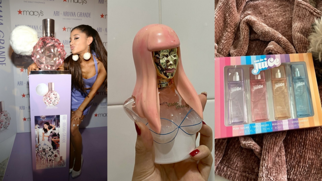 A collage shows three perfume products, including Ariana Grande’s fragrance, Nicki Minaj perfume, and Eau de Juice by Cosmopolitan.