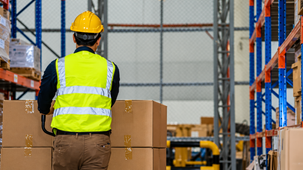 A warehouse worker wearing a yellow hardhat and high-visibility vest pushing a stack of cardboard boxes on a pallet jack.