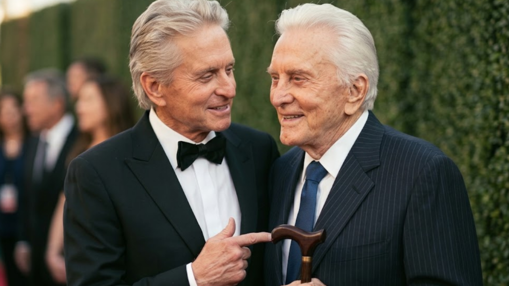 Michael Douglas (left) smiles and points toward his father, Kirk Douglas (right), who holds a wooden cane as they pose together in formal suits at an outdoor red-carpet event.